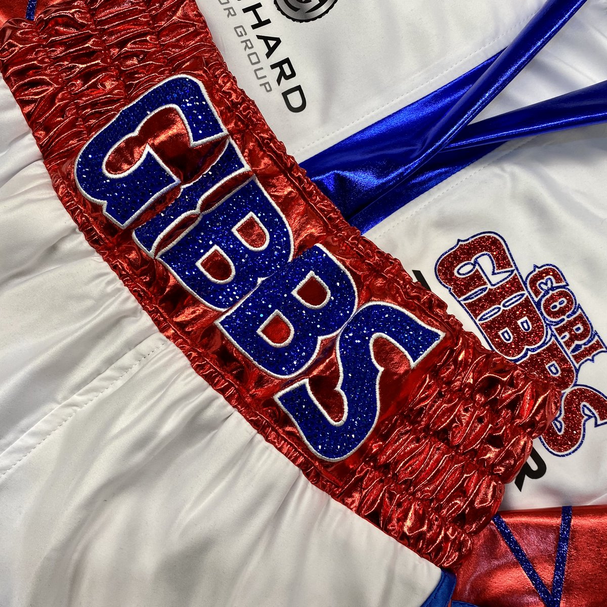 Red, White &amp; Blue For Cori Gibbs! He will be stunning you all in his Custom Suzi Wong Boxing Kit! With Wetlook Panels and Bespoke Panel Design! Crystal and sparkle-added detailing finishes this kit off nicely! Contact the team and create something wonderful for your next fight!