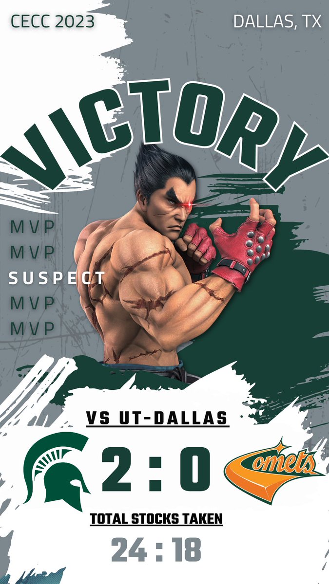 After a huge 7 stock performance from @SuspectPP in the second game, the Spartans take down UT-Dallas 2-0 to advance into the Top 8 at #MayMadness.

Let's keep the momentum as we take the stage in the Arlington Esports Arena.

#CECC2023 #SpartansWill