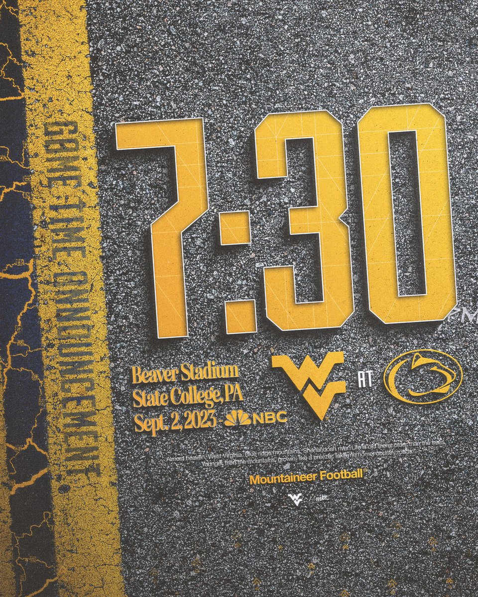 WVUfootball's tweet photo. Under the lights in Happy Valley 📺

See y’all there, #MountaineerNation! https://t.co/72JJzGKBpV