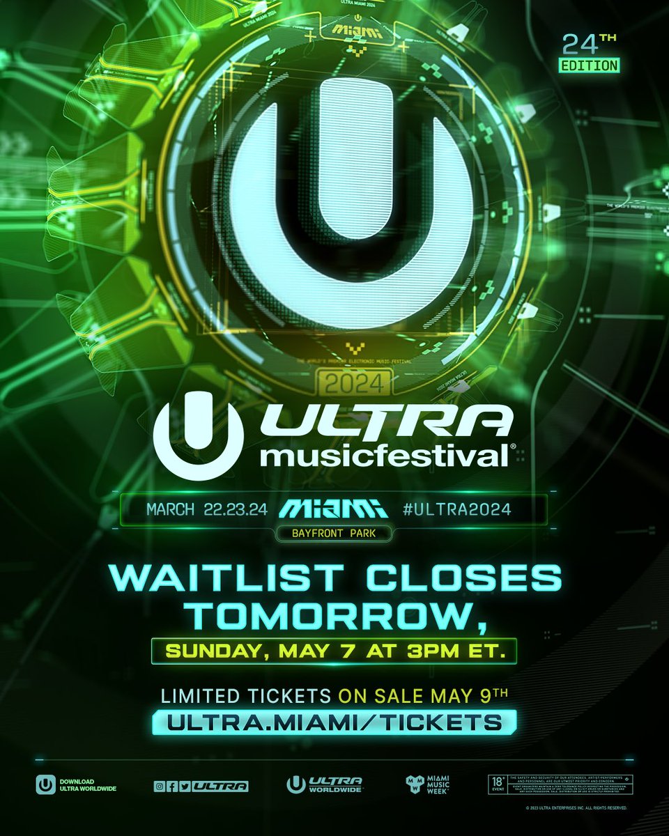 #Ultra2017: "The Waitlist for #Ultra2024 closes tomorrow at 3PM ET and Limited tickets will go on sale Tuesday, May 9!

Join the waitlist ➡️ ultra.miami/tickets "