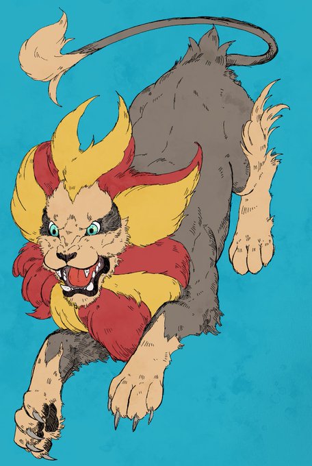 熱出てるし眠れねぇな!!ってなりながら描いてたカエンジシ かっこよく描きたかったけどなんか色合いも相まって可愛くなった気がする