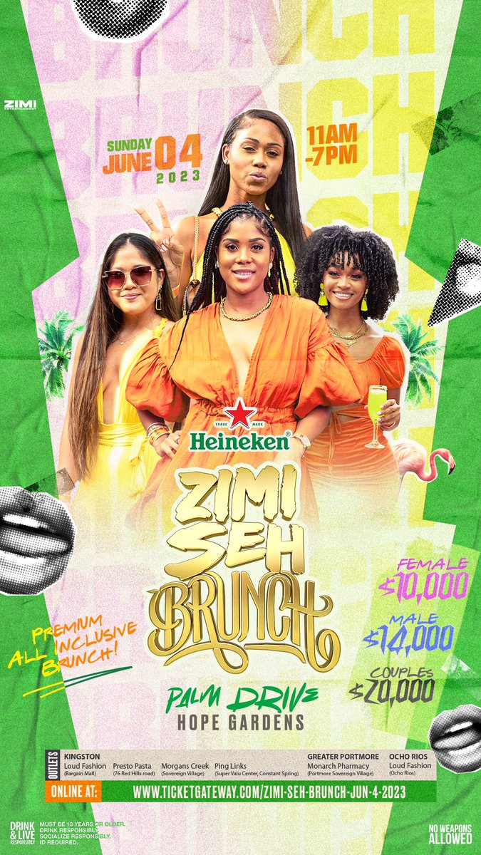 zimient's tweet photo. ON SUNDAYS WE BRUNCH! 🥞🥂

@heineken_ja #ZimiSehBrunch June 4th, 2023 at Palm Drive, Hope Gardens! 🗓 

✨Food Inclusive
✨Mimosa Inclusive
✨Drinks Inclusive

Tickets are available at the following outlets: 

🥂 Morgans Creek (Sovereign Centre) - @morganscreekjm

🥂 Loud Fashion (Bargain Mall and Ocho Rios) - @loudfashion

🥂 Pinglinks (Super Valu Towne Centre, Constant Spring) - @pinglinks

🥂 Monarch Pharmacy (Portmore Sovereign)

🥂 Presto Pasta (76 Red Hills Road)

🥂 Online (See Link in @zimient Bio)

🎟
Ladies - $10,000
Men - $14,000
Couple - $20,000

#ZimiSehBrunch
#Jamaica
#ZimiEnt
🇯🇲