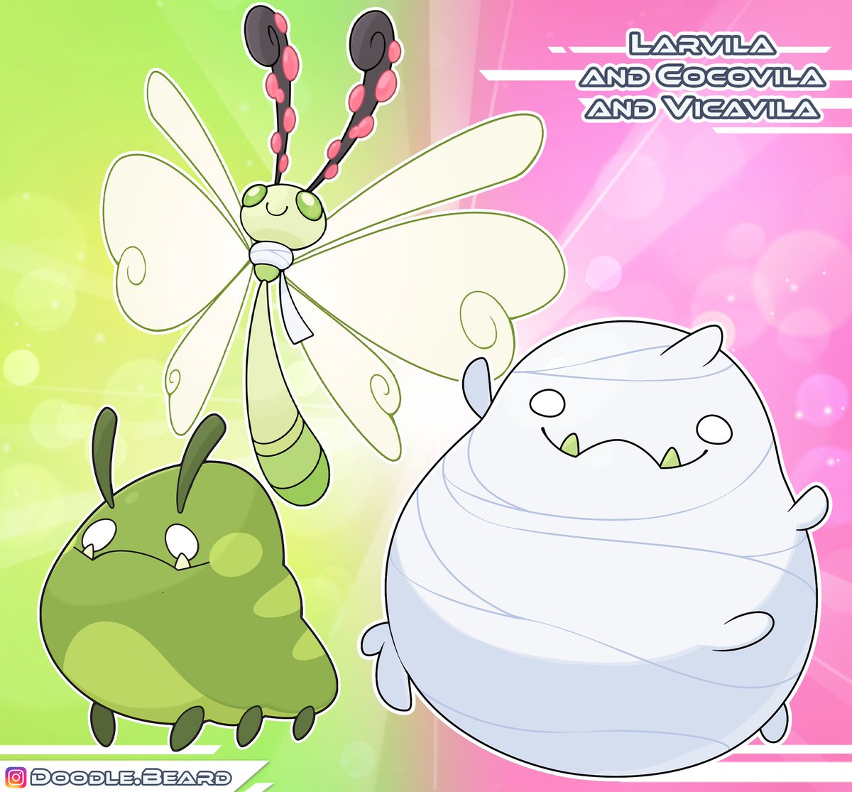 Larvila, Cocovila, and Vicavila, the Bug/Fairy Type Pokemon. #pokemon #fakemon #caterpiller #cocoon #butterfly
