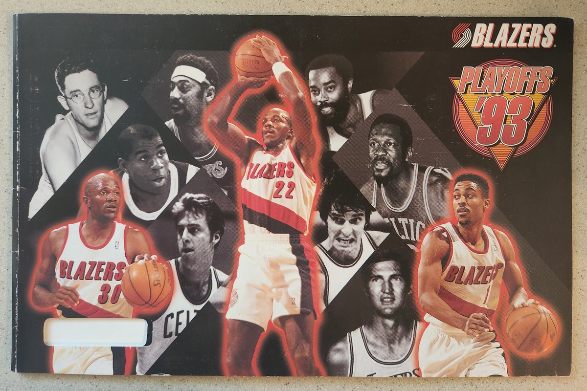 blazercollector's tweet photo. If you had season tickets 30 years ago, you likely had this 1993 playoff ticket booklet!

Drexler, Porter &amp; Strickland with various NBA Legends on the cover, missing the tickets but still a nice display item!

Like &amp; retweet, we'll give this away at 8 pm Sunday!

#RipCity https://t.co/umH95qQ1fd