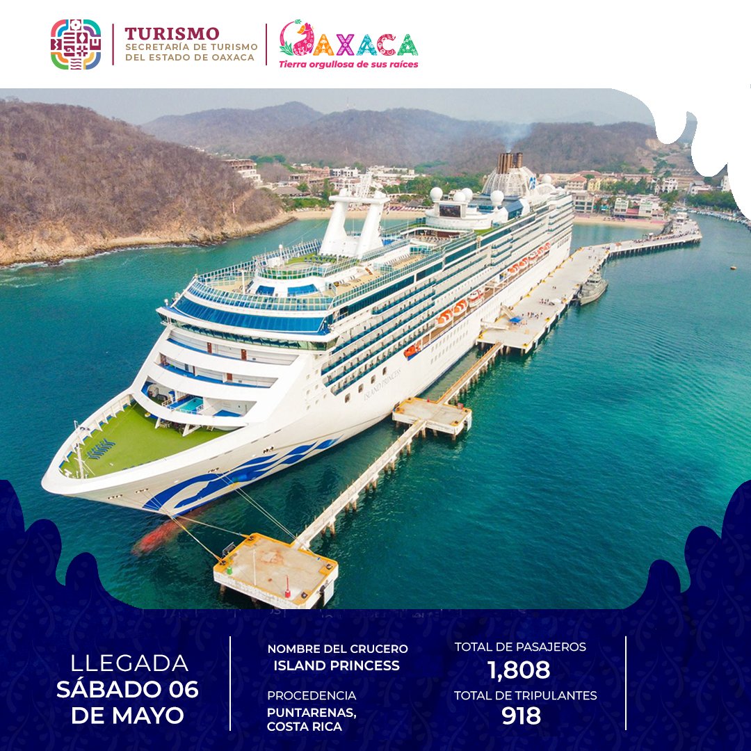 Fortaleciendo el turismo internacional y la derrama económica de #Huatulco hace escala este sábado el crucero “Island Princess”, con 1,808 pasajeros y 918 tripulantes procedente de Puntarenas, Costa Rica.

¡Bienvenido a #Oaxaca!🛳

#TierraOrgullosaDeSusRaíces
#TurismoDeCruceros