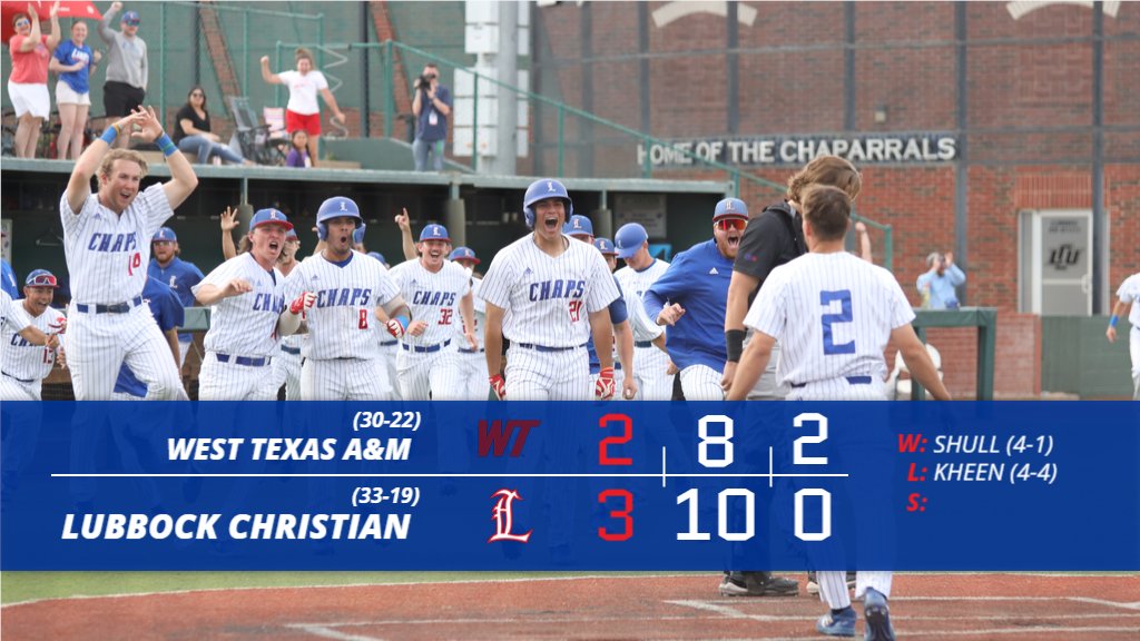 ⚾ BSB | Final (12)

<a href="/LCU_Baseball/">LCU Baseball</a> - 3
West Texas A&amp;M - 2

🔵 Chaps walk it off for the second day in a row, advancing to the final site of the LSC Championship...

#LCUvsWT
#LSCbsb