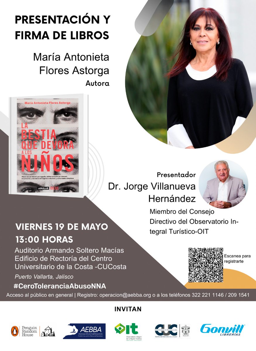 observatorioit's tweet photo. El #ObservatorioIT con el @CUCosta @udg_oficial  y @AsociacionAEBBA  invitan a la sociedad de Puerto Vallarta y Bahía de Banderas, a la presentación del libro "La bestia que devora a los Niños", de la escritora María Antonieta Flores Astorga. 
#CeroToleranciaAbusoNNA https://t.co/F1qGVimzQA