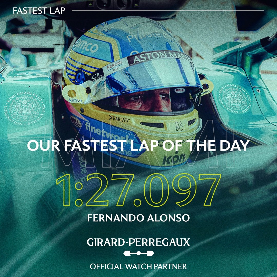 AstonMartinF1's tweet photo. Clocking in a scorcher. 🔥

@alo_oficial sets our fastest lap of Qualifying in Miami, taking P2 in the process!

#MiamiGP https://t.co/vFcmhit3L5