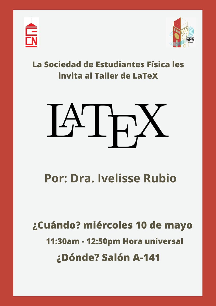Saludos,

El miércoles 10 de mayo se estará llevando acabó un taller de LaTeX a la hora universal,  proveído por la Dra. Rubio. LaTeX es un sistema de composición que permite la escritura y preparación de documentos científicos. Están cordialmente invitados!!!