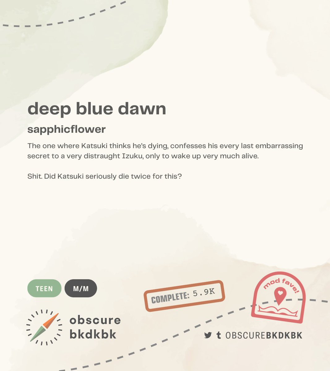 obscurebkdkbk's tweet photo. 💚 deep blue dawn by sapphicflower
🧡 rated T
💚 canon compliant, angst w/ a happy ending, humour, near death experiences, love confessions, getting together

🔗 https://t.co/5WOqF6MOld https://t.co/E7jphDYqfd
