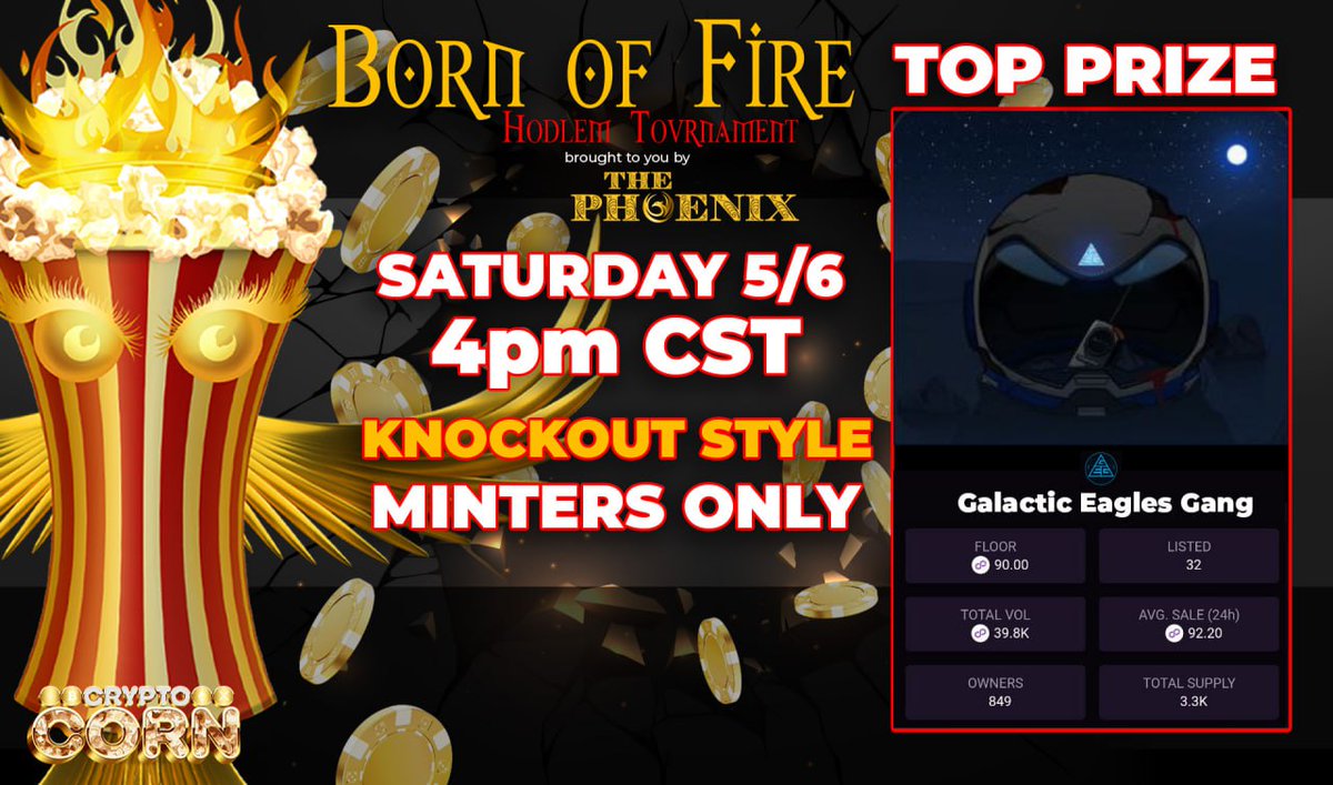CryptoCorn_io's tweet photo. 🔥 🔥 🔥 BORN OF FIRE 🔥 🔥 🔥
🗓 Today at 4pm CST
Galactic Eagles coming to the Metaverse you say!?! He'll ya!!
Get your talons on this @GEGNFT only on @0xPolygon
🔥BETA is coming!🔥
⚠️ MINTERS ONLY ⚠️
🍿https://t.co/sYOAx0hgjF🍿
Club GG id: 128818
#polygaming
#MATIC https://t.co/scDYTXsHIT