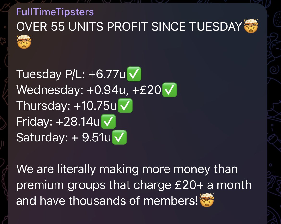 FTtipsters's tweet photo. THIS WEEKS STATS SO FAR✅🍀

If you’re not in our telegram group your missing out🤯 https://t.co/vF5fHBmLMF