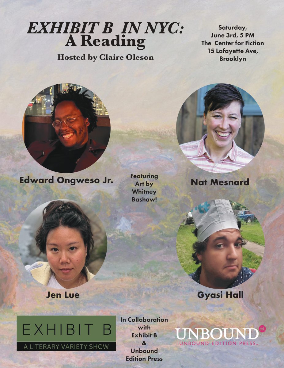 Claire Oleson (@claireoleson) on Twitter photo I'm elated to be hosting this reading with <a href="/Center4Fiction/">The Center for Fiction</a> on June 3rd!
It's free with RSVP:
centerforfiction.org/event/the-cafe…
We have a gorgeous line-up: <a href="/gyasi_hall/">Gyasi Hall</a> , <a href="/bigblackjacobin/">Edward Ongweso Jr</a> , <a href="/natmesnard/">Nat Mesnard</a> , and <a href="/jen_lue/">Jen Lue</a>
Thanks to @exhibitb312 and <a href="/PressUnbound/">Unbound Edition Press</a> for making this possible. I'm elated to be hosting this reading with <a href="/Center4Fiction/">The Center for Fiction</a> on June 3rd!
It's free with RSVP:
centerforfiction.org/event/the-cafe…
We have a gorgeous line-up: <a href="/gyasi_hall/">Gyasi Hall</a> , <a href="/bigblackjacobin/">Edward Ongweso Jr</a> , <a href="/natmesnard/">Nat Mesnard</a> , and <a href="/jen_lue/">Jen Lue</a>
Thanks to @exhibitb312 and <a href="/PressUnbound/">Unbound Edition Press</a> for making this possible.