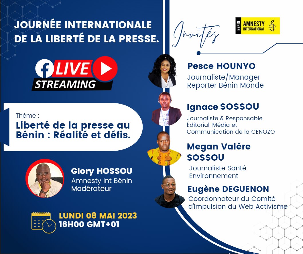 amnestybenin's tweet photo. #Bénin. 
À l'occasion de la célébration de la journée internationale de la liberté de la presse, nous organisons ce lundi un live sur ''Les réalités et défis liés à la liberté de la presse au Bénin ". https://t.co/89ri5xpeaL