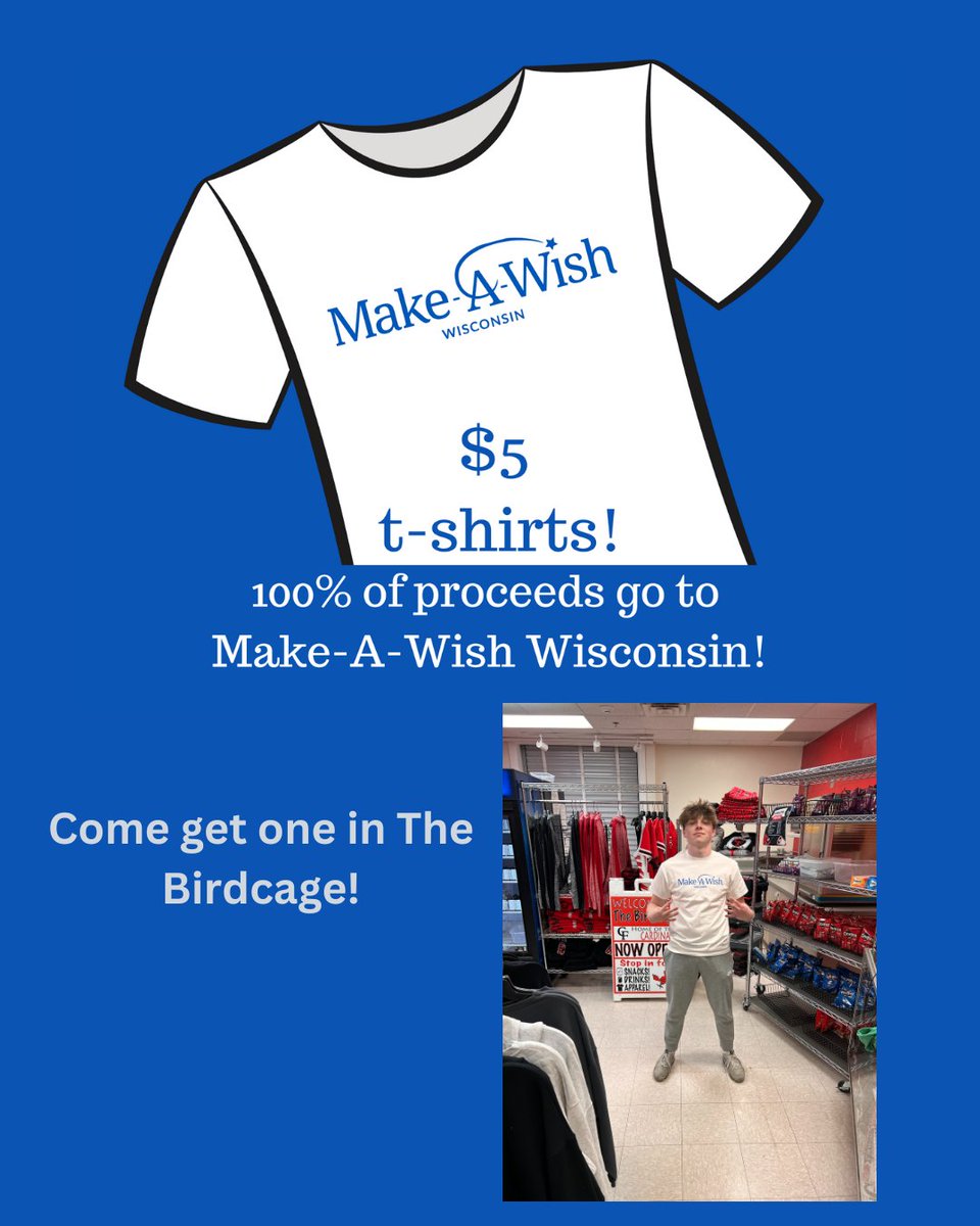 birdcageCF's tweet photo. Make-A-Wish T-Shirts now sold for $5 in The Birdcage! All proceeds go to Make-A-Wish Wisconsin! #chihibirdcage #makeawishwisconsin https://t.co/Tdd30pv3g2