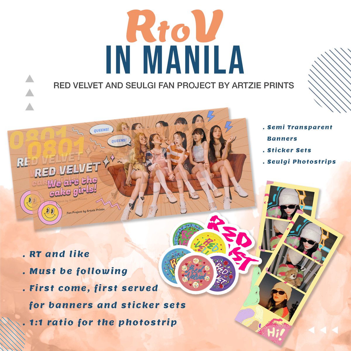 #REDVELVET R to V in Manila freebies giveaway 

Mechanics:
- RT, like, and follow
- Show proof on D-Day 
- very limited quantities for banners and sticker sets; first come, first served basis
- Exact time and location: TBA

#REDVELVETinMNL2023 #RedVelvet4thConcert_RtoV
