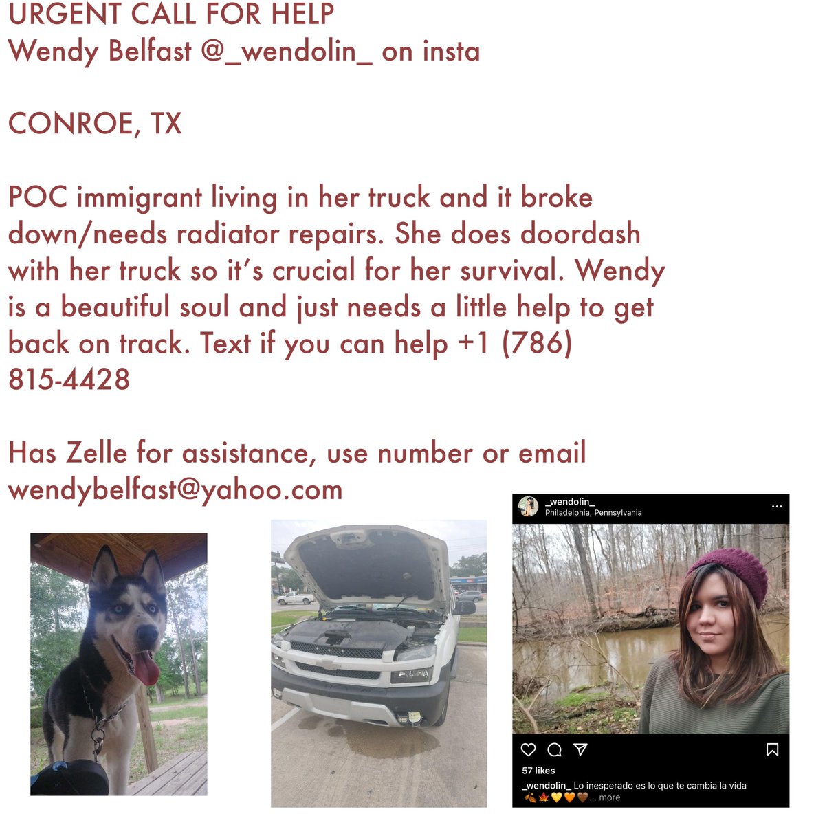 Hey everyone! Recently on a trip to Texas I met a beautiful soul named Wendy. She was at the dog park with her dog and we got to talking and she’s an immigrant from Cuba doing her best to survive while living out of her truck. Please share or donate if you can. cont. in comments