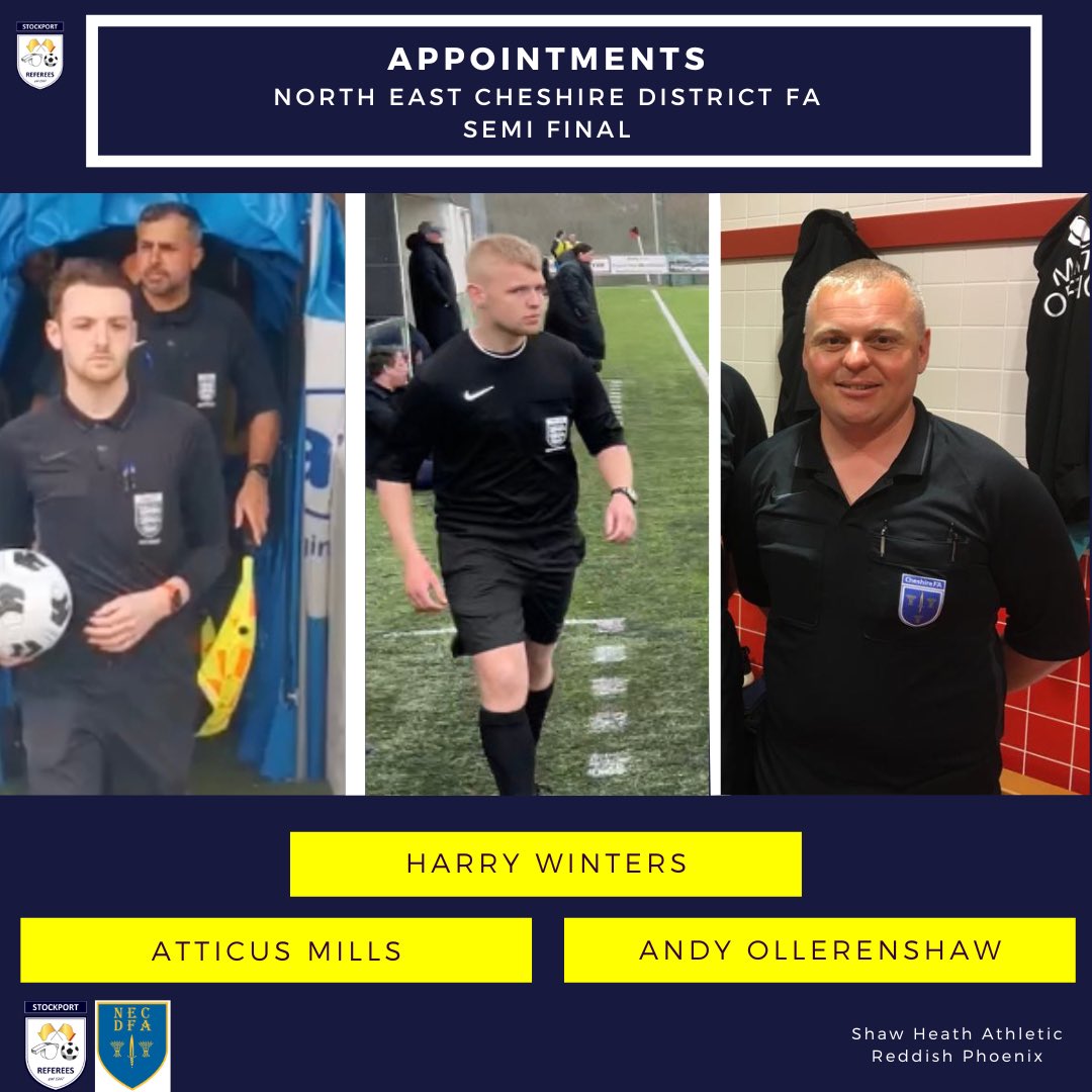StockportRefs's tweet photo. 6️⃣ Six of our members will officiate in the NECDFA Sunday Trophy Semi Final, tomorrow.
Congratulations on the appointment and good luck to all of the officials. https://t.co/sPHOVmmS3J