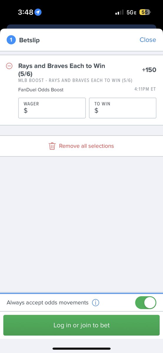 ThePromoguy123's tweet photo. Must bet oddsboost on Fanduel: 

Braves and Rays both to win boosted to +150. 

The 0 vig line is ~+137 (loses 58% of the time) giving this a ~+5.5% EV! 

Bet it now! https://t.co/6sKz3HEABH