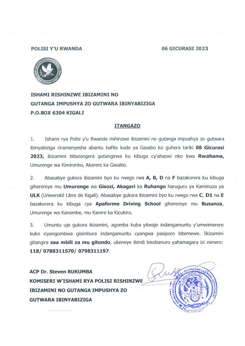 Rwandapolice's tweet photo. ITANGAZO https://t.co/MKbTgtiXWm