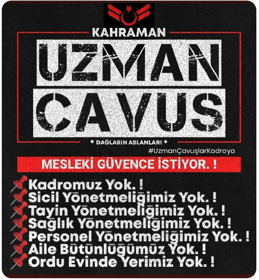 TSK'nın en çok şehit ve gazi veren personelidir #UzmanÇavuşlar 

@alitilkici38 @RTErdogan
@tcsavunma
#UzmanÇavuşlarKadroya
#UzmanÇavuşlarMilletinGönlünde
#HerkeseKadroVarUzmÇvşaYokmu