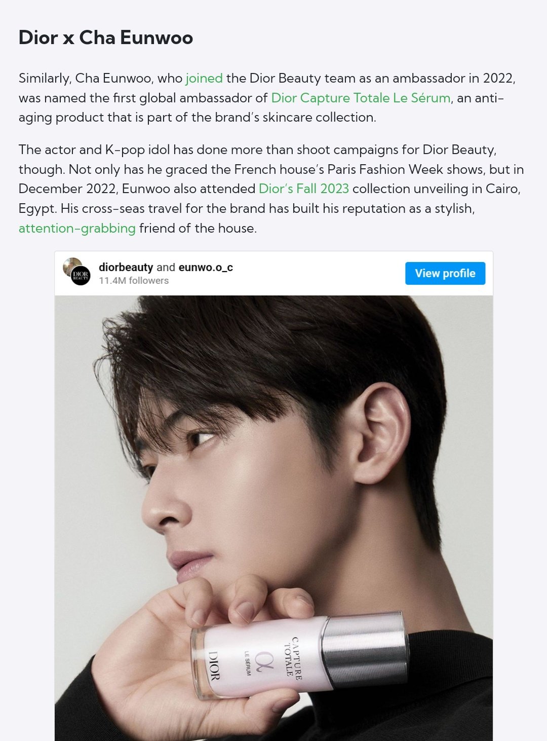 Cha Eun-Woo is first global ambassador for Dior Capture Totale