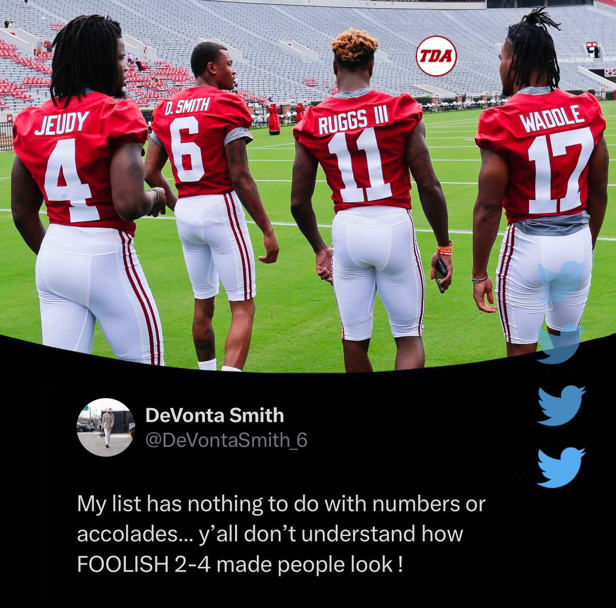 TDAlabamaMag's tweet photo. DeVonta Smith clarifies his Top 5 Alabama wide receivers list. https://t.co/TDsOcOiWtP
