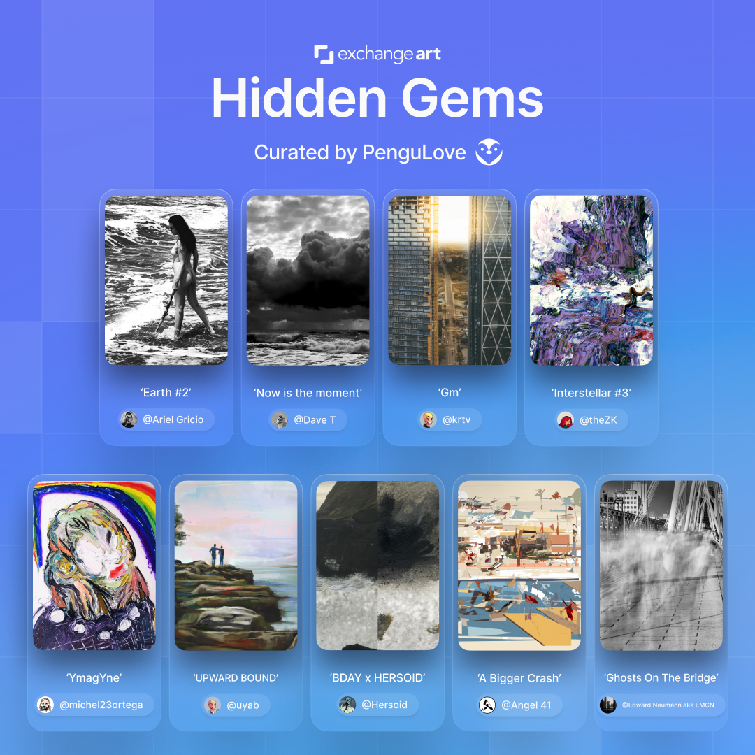 exchgART's tweet photo. Need some help finding new amazing art? Our friends at @PenguLoveNFT are here to help you with these Hidden Gems 💎

Check em out and share your favorites too 👇 https://t.co/5G6jtp6X3I