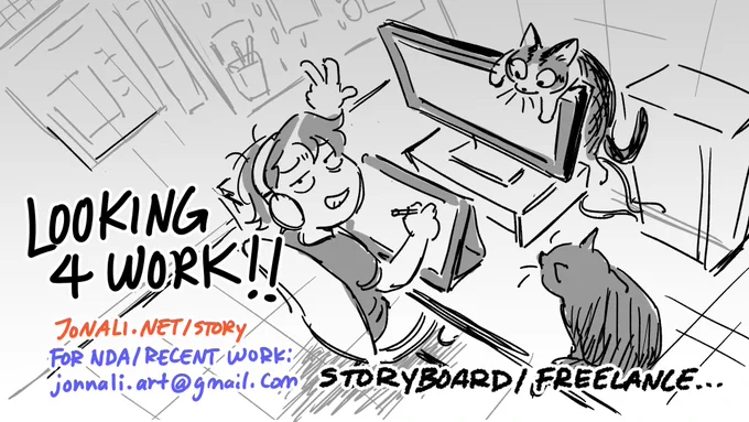 hi i am looking for work soon...i mainly do animation storyboards but if you think i can do anything else still Hit Me Up!! mostly looking for short term contracts or revision work. i currently board at titmouse for an unannounced project for apple TV. (rt 🫶) links below!