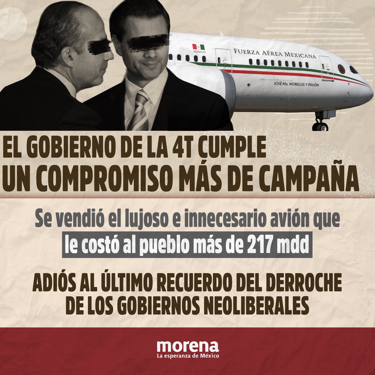 PartidoMorenaMx's tweet photo. Ya se vendió el avión que Calderón le dio a Peña Nieto a cambió de su impunidad, y que le costó más de 217 mdd al pueblo de México.

Que no vuelvan nunca más quienes derrocharon el presupuesto y dejaron en el olvido a la gente. https://t.co/pcZq3trNAF