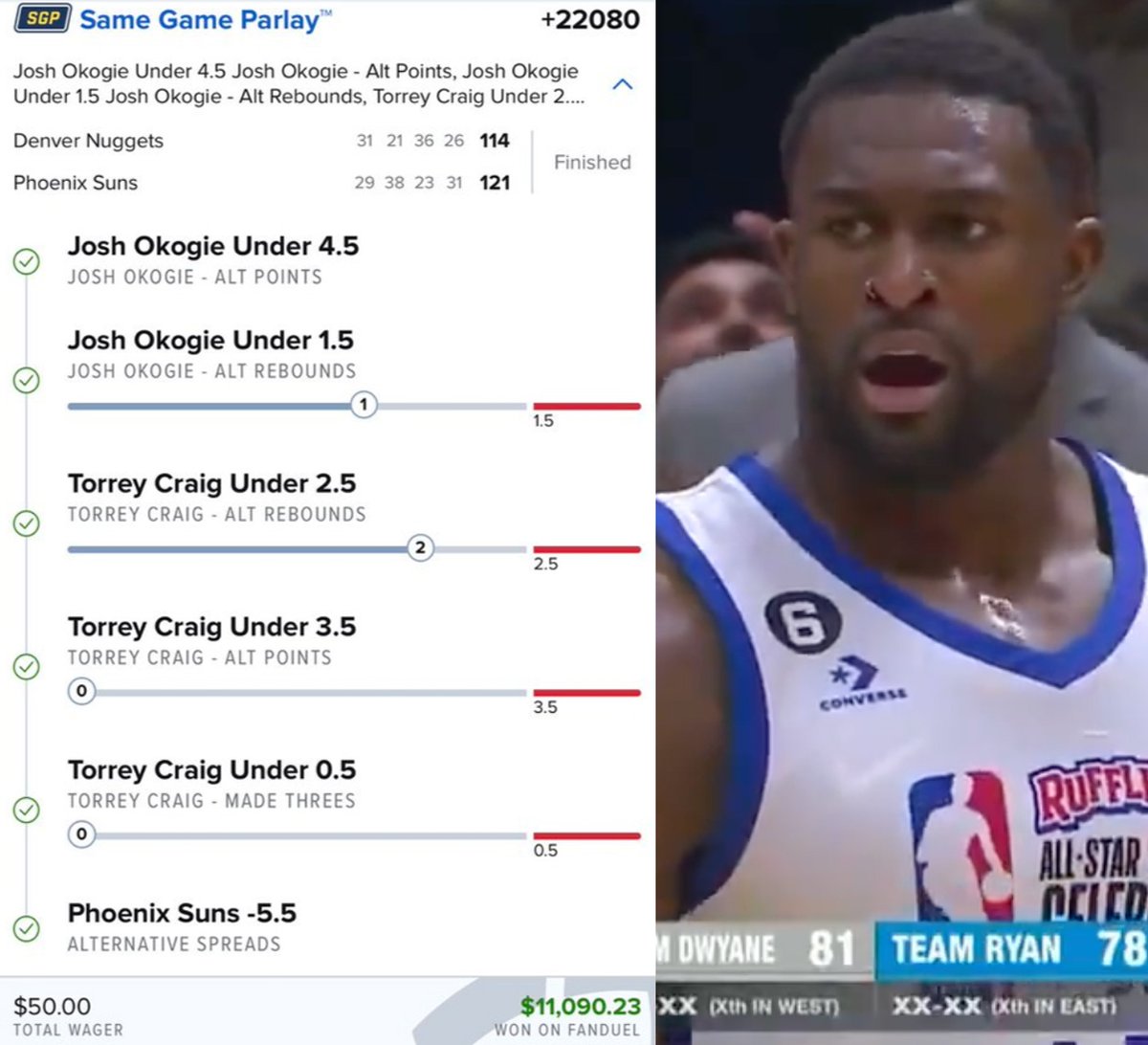 FDSportsbook's tweet photo. Turned $50 into more than $11K 😱

This bettor NAILED the unders in a perfect SGP 🫡

(Via @jonnydugs) | #NBAPlayoffs https://t.co/gQuByY40l3