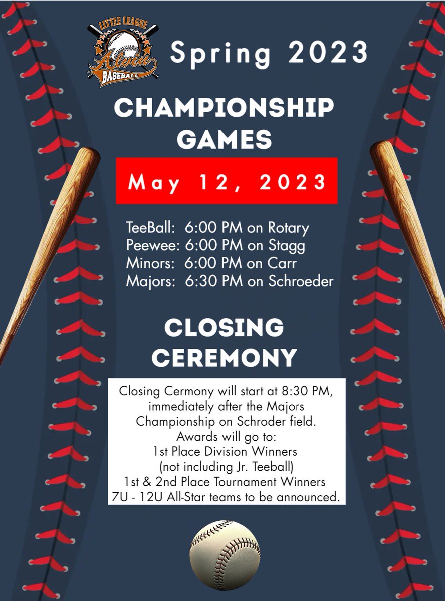 alvinLLbaseball's tweet photo. Starting on Monday we will have our end-of-the-season tournament throughout the week. On Friday, May 12, 2023, the championship games will kick off at 6:00 PM and we will have our closing ceremony after the Majors game on Schroeder Field. Let's Play Ball! https://t.co/gYJ8y6lyeI