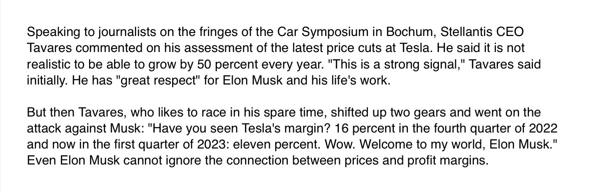 Berlinergy's tweet photo. Stellantis CEO
„It is not realistic to be able to grow by 50% every year. "This is a strong signal," He has "great respect" f Elon &amp; his life's work. 
Then
"Have you seen Tesla's margin? 16 % in the 4th Q of 2022 &amp; now in 1st Q of 2023: 11%. Wow. Welcome to my world, Elon Musk“ https://t.co/SbpzhokDDJ