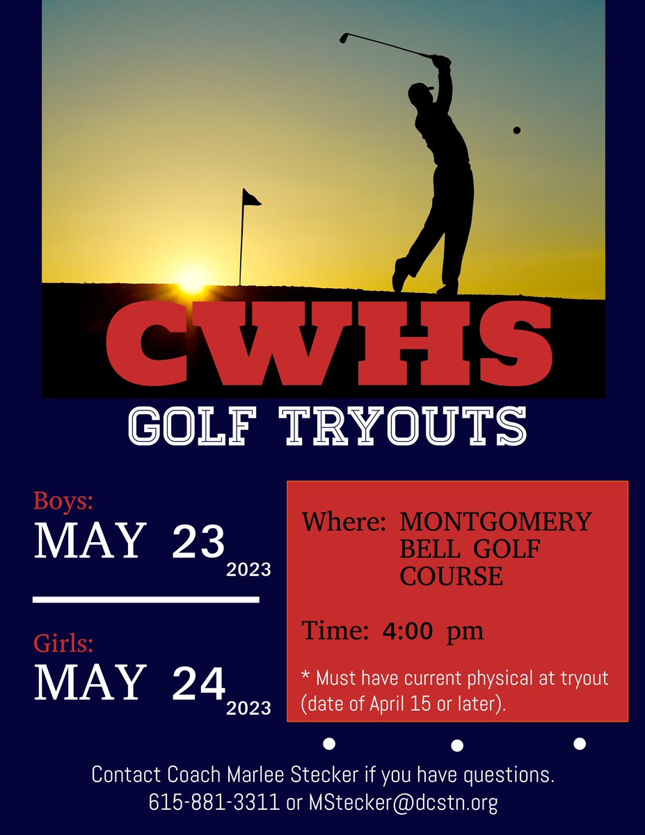 ⛳️CW GOLF TRYOUTS⛳️

▶️Each player will demonstrate their skill level on the driving range and putting green, then play a couple of holes. 

I’m really excited for this upcoming golf season. Looking to build a solid team that is ready to compete! 🏆