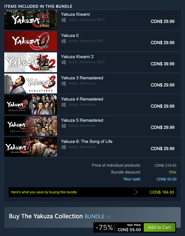 Lbabinz 🇨🇦 on Twitter "The Yakuza Collection Bundle is 55 on Steam