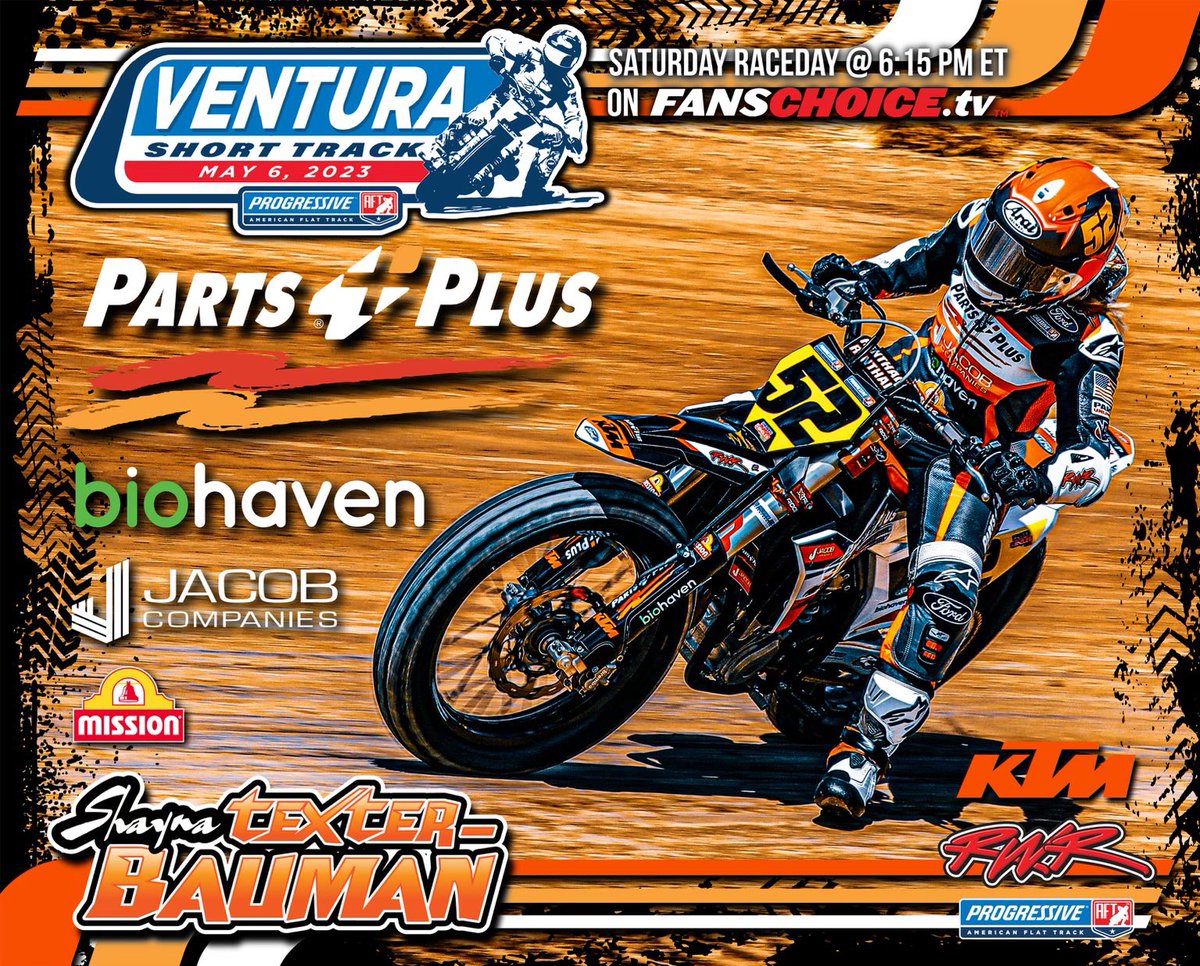 RickWareRacing's tweet photo. Tonight, live on https://t.co/ZjPwOoKYSJ it’s @AmericanFlatTrk with riders @shaynatexter and @BriarBauman racing at Ventura Raceway. All the info you need to know is in the graphics, enjoy. 

@biohaven 
@PartsPlusHQ 
@Jacob_Companies 
@MissionFoodsUS 
#motorcycleracing
#flattrackracing
#racing