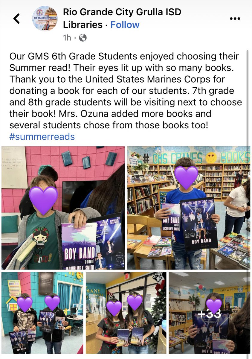 JackieSmith114's tweet photo. These pictures make me the happiest! Thank you to my dear friend for sharing the gift of reading with so many wonderful young minds! And for including #BoyBand as part of your #SummerReading!! Seeing so many readers excited about their copies truly made my entire day! 💜💜💜 https://t.co/q0mYhkataz