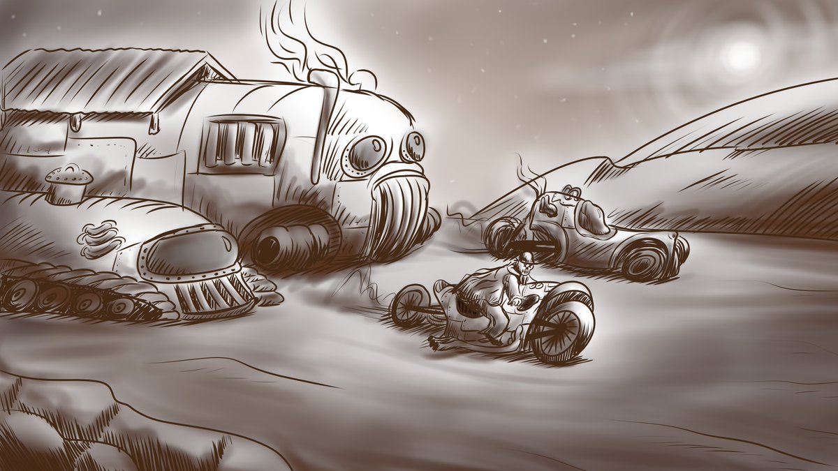 jarkole's tweet image. quick visual concept for a wasteland caravan. not happy with it might redraw tmw...
#visualconcept #conceptart #digitalart