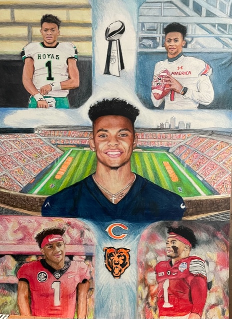 AWrighter247's tweet photo. @justnfields #chicagoart Justin, check out my artist @DaveShetskyArt and his latest unique, hand drawn work of art: https://t.co/B4ayjVrk0o