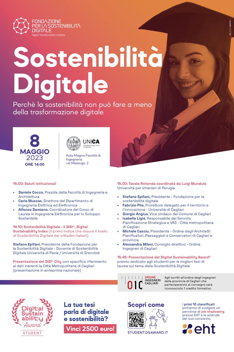 Parte dalla Sardegna il roadshow del <a href="/DigiTInst/">Fondazione per la Sostenibilità Digitale</a> ed <a href="/Eht_Italia/">EHT</a> per la presentazione del #DigitalSustainabilityAward. Se lunedì siete a Cagliari, non mancate! 

(Ps: Se giornalisti, iscrivetevi dal SIGEF!)