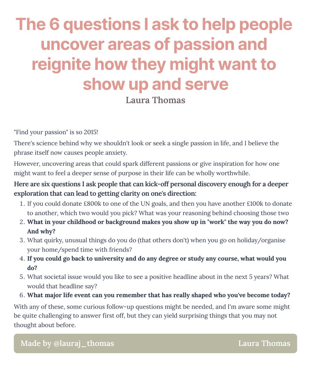 lauraj_thomas's tweet photo. "Find your passion" we know isn't a good phrase, but there are a whole host of questions you can ask to discover pockets of potential fulfilment or uncover different passions that may lead to more clarity.

Here are 6 you can get started on today are quite fun...

#Ship30for30 https://t.co/BVrQGzMOQt