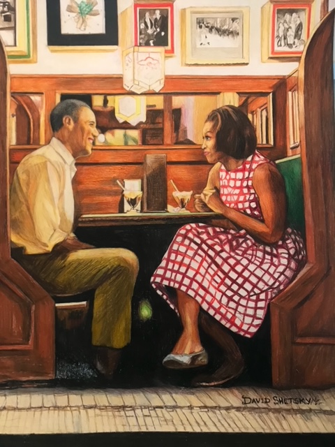 AWrighter247's tweet photo. @MichelleObama I represent @DaveShetskyArt. Do take a moment to view one of my favorite pieces of you and the President. #Chicagoartist #Handdrawn https://t.co/dUCsB5C9Ua