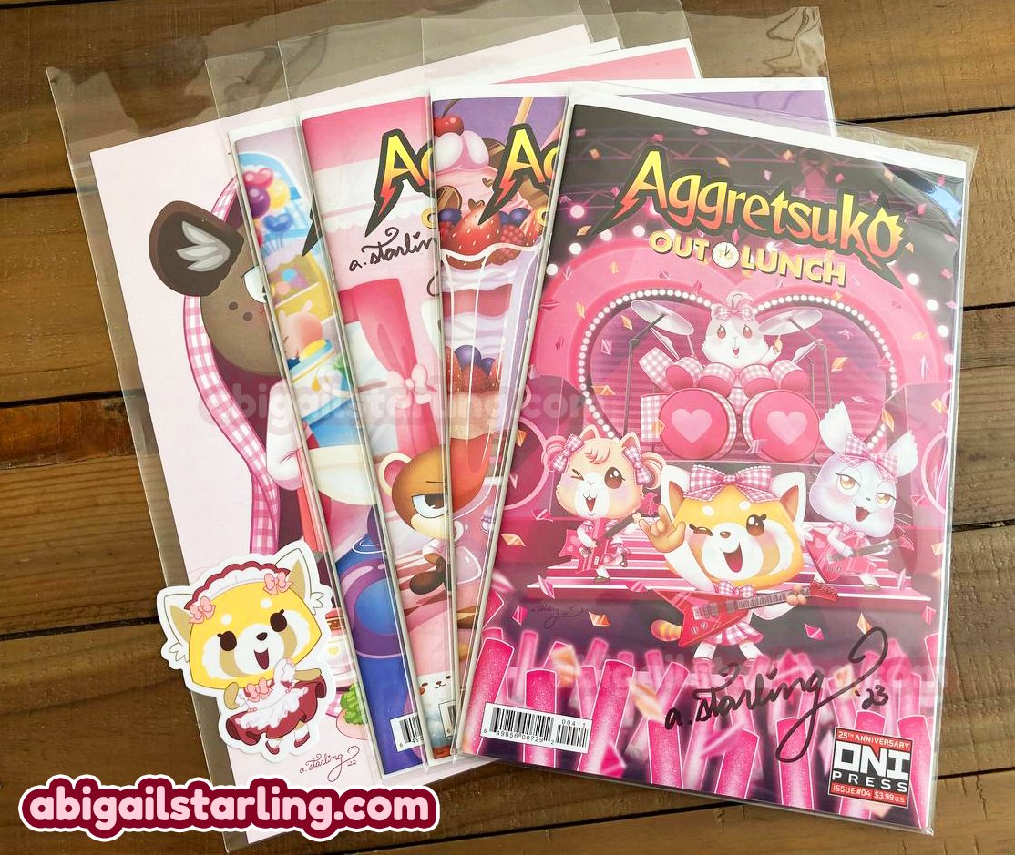 Abby_Starling's tweet photo. Also new for this drop- Out to Lunch comic sets! 

They come signed, bagged, and boarded; they also come bundled with a bonus print and sticker for extra cute :D 
#Aggretsuko https://t.co/uwXIDxTJrh