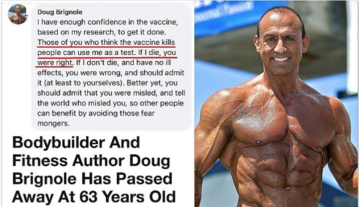 stkirsch's tweet image. Bodybuilder Doug Brignole was a believer in the COVID vaccine. He offered his life as a test case: &quot;If I die, you were right.&quot; 

Sadly, we were right. Doug died a week after he was vaccinated. I ordered Doug&apos;s death report from the LA coroner. He died face down in his house.…