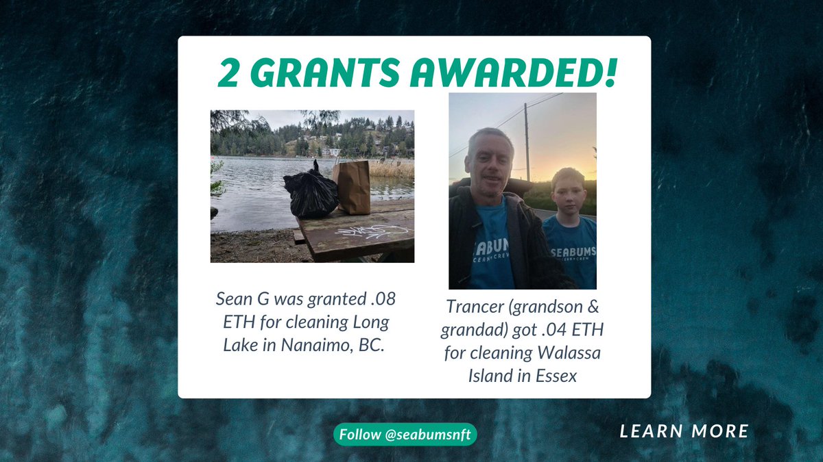🏆 <a href="/Sean_____G/">Sean.G 🇨🇦</a>  earned .08 ETH for cleaning Long Lake, Nanaimo, BC!

👏 Trancer (grandson &amp; grandad) received .04 ETH for cleaning Walassa Island, Essex.