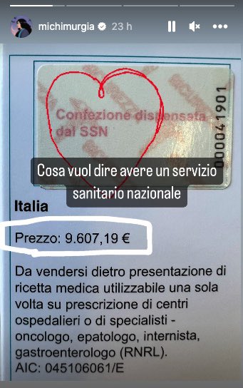 Nessuna assicurazione potrà mai rimborsare farmaci così costosi 

Grazie <a href="/KelleddaMurgia/">Michela Murgia</a> per la tua testimonianza e… tieni duro 🍀❤️
#SalviamoSSN 
#Murgia