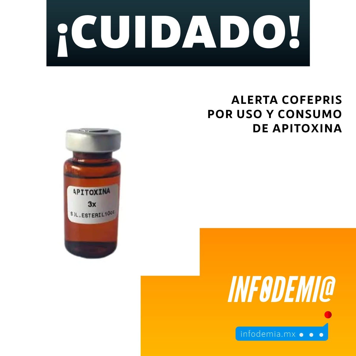 infodemiaMex's tweet photo. 🚨#Alerta

🚨#Cuidado

🕵️‍♀️@COFEPRIS alertó por el uso de #apitoxina en productos de diferentes presentaciones como: solución sublingual, inyectable, cremas y ungüentos. Aclaró que no ha otorgado registro sanitario a ningún producto que contenga apitoxina

👉https://t.co/S2NRbgMLJ6 https://t.co/NzpubueoxF