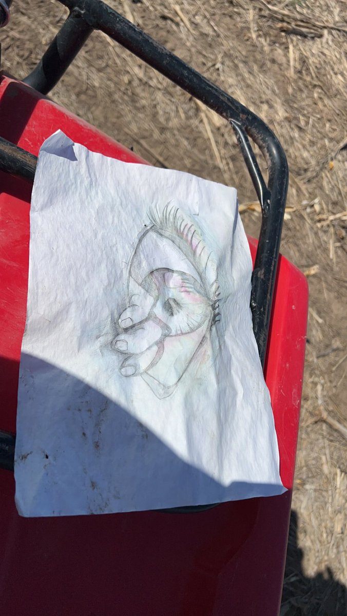 BGERK19's tweet photo. If anyone is missing the picture they drew of what appears to be a hand coming out of an eye. I found it in my field. #fieldfind https://t.co/iYTN3Q17pr