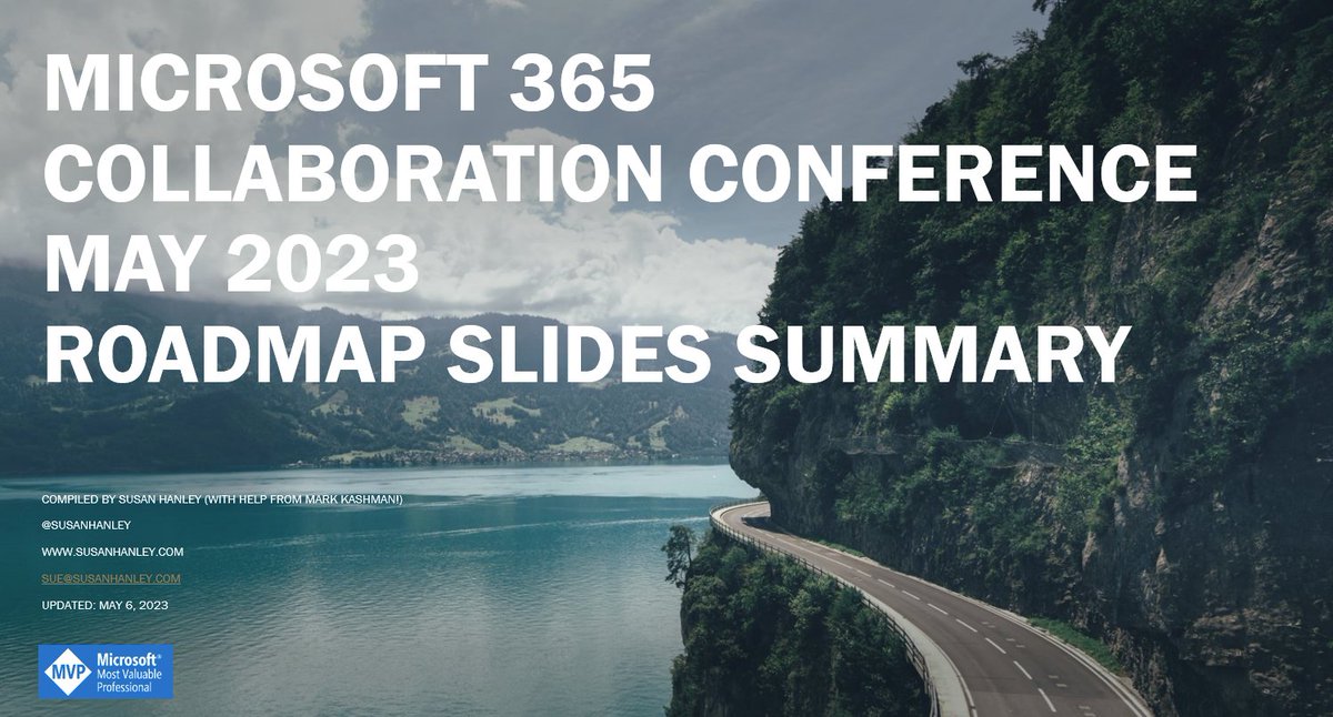 Thanks to <a href="/mkashman/">Mark Ka$hman 🧔🏻‍♂️</a> for sharing the "official" screenshots, here is a single PPT file with all of the roadmap slides from <a href="/M365CONF/">The Microsoft 365 Community Conference</a> May 2023. Also includes a detailed list of the planned release dates for #SharePoint features. tiny.cc/M365ConfRoadma…