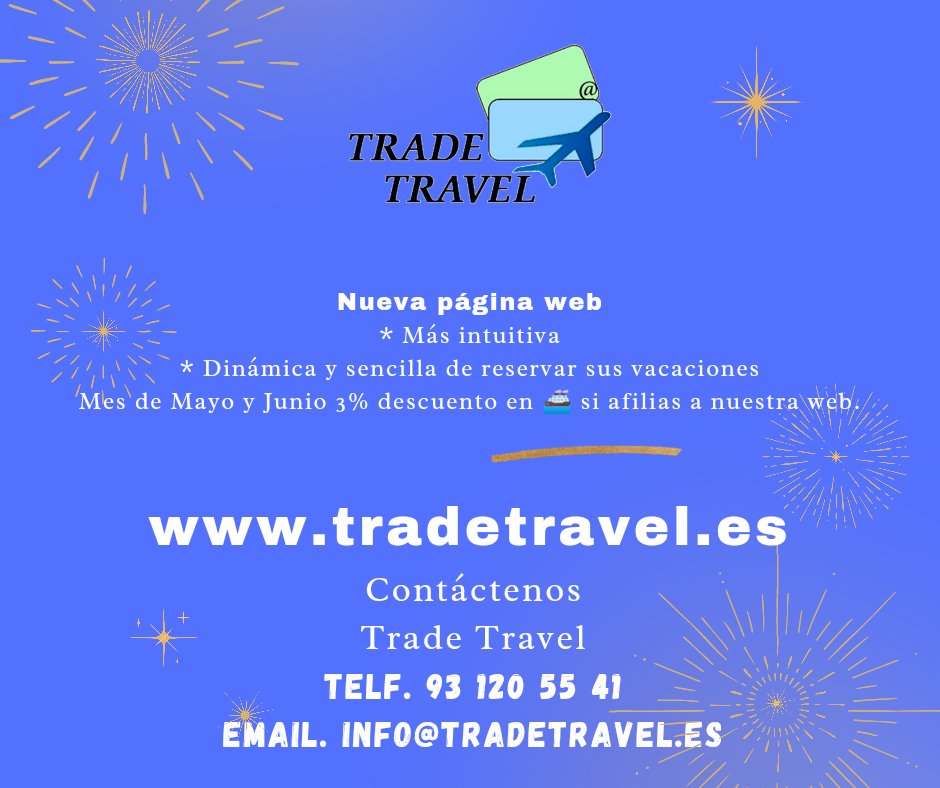 Nueva página web
Email.  Info@tradetravel.es o telf. 93 120 55 41 
#españa #catalunya #barcelona #bni #girona #disfrutar #vacaciones #maresmecomerç #xarxa #negocis #emprendedores #empresescatalanes #empresasfamiliares #tradetravel #familia #promo #maresmecomerç #tiendaonline